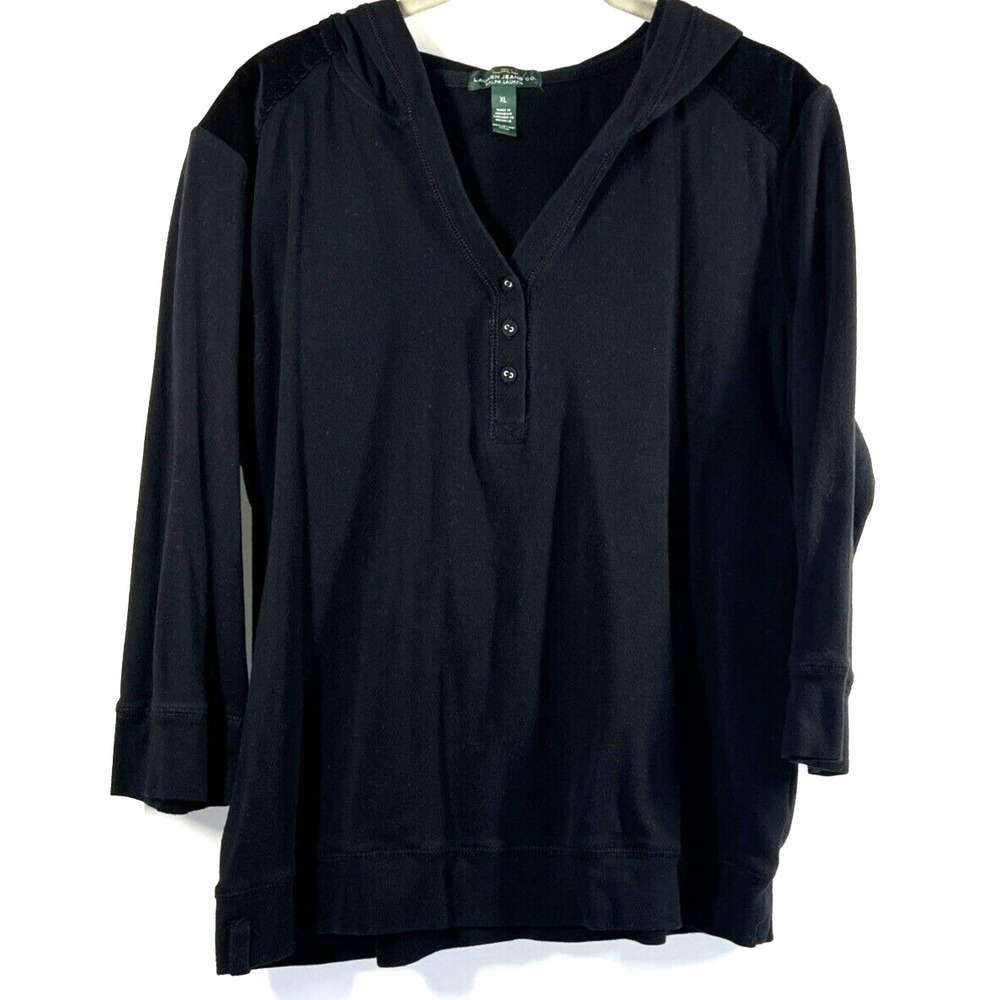 Lauren Ralph Lauren Women Hoodie Top XL Solid Black Velvet Shoulders 100% Cotton